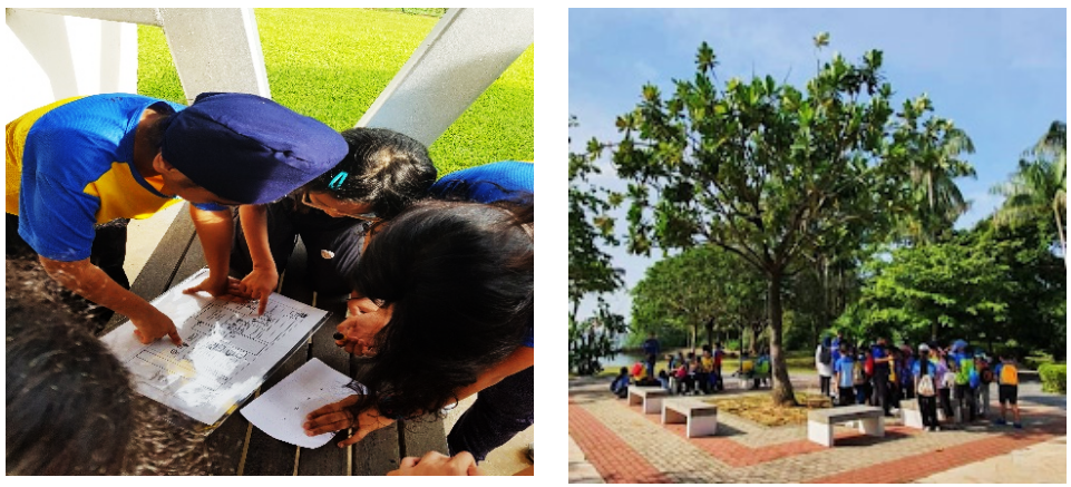 Students in blue uniforms huddle over papers outdoors; right shows a group gathered in a sunny park near trees.